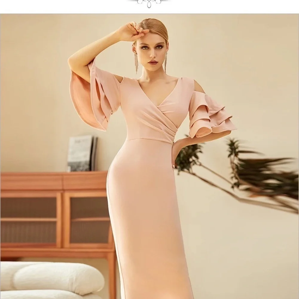 Bodycon Club Dress Sexy Deep V Neck Ruffles Butterfly Short Sleeve Midi size M